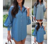 Camisa vaquera para mujer, con solapa, farol, manga larga, botonadura sencilla, bolsillo en el pecho, estilo largo, para uso diario L azul oscuro
