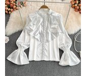 Blusa acampanada de manga larga con cuello levantado y volantes para mujer, camisa Vintage de satén de acetato blanco, Tops holgados de estilo francés para mujer 29939 S albaricoque