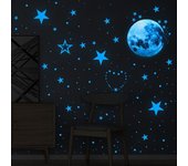 1 pegatinas con diseño de luna y estrellas brillantes en el juego, pegatinas de techo para dormitorio de PVC oscuro, decoración del hogar 30cm azul