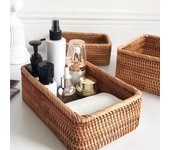 Cesta de mimbre Rectangular tejida a mano, caja de almacenamiento de cosméticos para fruta, té, merienda, pan, Picnic, suministros de cocina, herramientas para el hogar 20x14x7cm amarillo