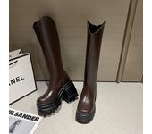 Botas modernas de tacón cuadrado hasta la rodilla para mujer, zapatos de invierno de goma PU sin cordones para mujer, botas con cremallera y punta redonda sólida 42 marrón