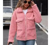 Chaquetas de vellón Sherpa para mujer, chaquetas de invierno cálidas y peludas, abrigo de peluche con cremallera, prendas de vestir exteriores de manga larga con bolsillos, chaquetas de piel sintética de color sólido para mujer S color rosa