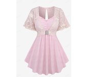 Rosegal Top corto con bordado floral y ribete de encaje con hebilla y top camisero con estampado calado y fruncido de talla grande L rosa claro