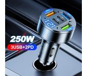 Cargador de coche USB de 5 puertos, 250 W, carga rápida, PD QC3.0, USB C, adaptador de cargador de teléfono para coche con voltaje para iPhone, Samsung, Huawei y Xiaomi Without LED Light