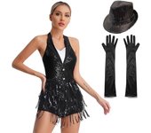 Traje de baile latino de jazz para mujer, sin espalda, con cuello halter, lentejuelas brillantes, flecos, mono sin mangas, borlas, leotardo, ropa de baile con guantes y sombrero S rojo