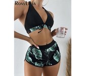 S - XL con pantalones cortos de playa, Bikini estampado, traje de baño femenino, traje de baño para mujer, conjunto de Bikini de tres piezas, bañador, traje de baño para nadar S azul