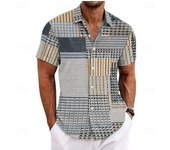 Camisa de hombre, estilo retro, con estampado étnico de cuadrícula, para exteriores, hogar, manga corta, solapa, ropa de verano XS