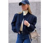 Chaqueta Bomber para mujer, moda con bolsillos, chaquetas de primavera, abrigo Vintage de manga larga, informal, novedad en prendas de vestir exteriores, Tops elegantes S azul