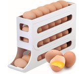 Rejilla para huevos con ruedas automáticas que ahorra espacio en el refrigerador. Rejilla para huevos con puerta lateral. blanco
