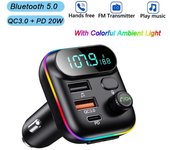 Cargador de coche USB dual QC3.0 PD tipo C con luz ambiental, adaptador de carga rápida, transmisor FM Bluetooth 5.0 para coche con pantalla de voltaje