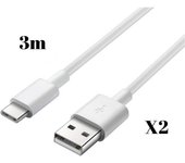 Cable USB-C pour Xiaomi Mi NOTE 10 - Mi NOTE 10 LITE - Cable chargeur Type USB-C Blanc 3 Mètres [LOT 2] Phonillico®
