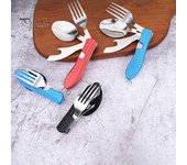 Juego de utensilios de camping plegables 4 en 1 de acero inoxidable, cuchara, tenedor, cuchillo y abridor de botellas, vajilla portátil, multifuncional y ligera para exteriores. rojo