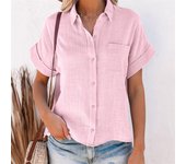 Camisas de lino y algodón liso de verano para mujer, blusas con abertura y botones de manga corta con solapa para oficina, Tops blancos y rojos S rojo