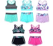 Traje de baño de 2 piezas con estampado para niñas, cuello en U, espalda con tiras, top corto y pantalones cortos, conjunto de traje de baño para playa, piscina, traje de baño 13-14 Years