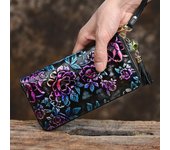Bolsos de mano con diseño vintage y estampado de flores para mujer, carteras largas de cuero genuino, monederos de moda con cremallera y tarjetero 20cm*10.5cm*2cm amarillo