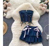Hot Girl Denim Sweet Conjuntos de dos piezas Mujeres Cremallera Sin tirantes Y2K Tops Mini Culottes elásticos Moda femenina con cordones Trajes de calle cruzados 2024 S azul