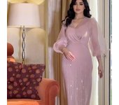 Vestido elegante con manga farol y lentejuelas de malla con cuello en V S color rosa