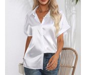Camisas de seda de verano para mujer, blusa de satén con botones, blusas holgadas de manga corta para oficina, camisa informal elegante 26103 S blanco