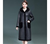 Nueva chaqueta de cuero Pu de moda para mujer, abrigo con capucha de piel de oveja para invierno, abrigos de piel de oveja por ambos lados M