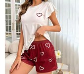 Conjunto de pijama de manga corta con volantes para mujer, top y pantalones cortos con estampado de corazones, ropa de dormir informal de verano de dos piezas S blanco