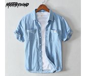 Camisa vaquera clásica de verano de manga corta para hombre y joven, informal, de algodón puro, con cuello vuelto, de mezclilla azul y bolsillos dobles. M azul oscuro