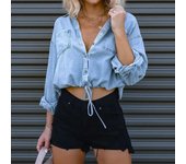 High Street Camisa vaquera de manga larga, Tops con cordón a la moda, ropa Vintage para mujer, blusa holgada informal con bolsillo y cuello tipo Polo 30083 S azul oscuro