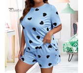 2 unids/set de pijamas de verano para mujer, camiseta de manga corta con cuello redondo y estampado de corazones de dibujos animados, pantalones cortos de cintura elástica, conjunto de ropa de dormir de talla grande para mujer 2XL azul