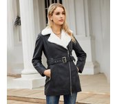Nueva chaqueta de cuero de felpa de manga larga de otoño e invierno con cinturón con cremallera de doble cabeza de solapa para mujer y abrigo cálido en Europa y América S