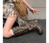 Botas altas de caballero para mujer, botines largos de estilo retro, con tacón grueso y sin cordones, para otoño e invierno 35 caqui