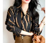Tops Retro a rayas con cuello vuelto, camisa elegante de satén de seda para ir al trabajo, Blusa de manga larga para oficina a la moda, ropa para mujer 29186 S caqui