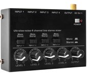 Mezclador estéreo de línea de 4 canales con ruido ultrabajo, 4 entradas y 1 salida, 5 V CC, portátil, mini mezclador de audio, micrófono, guitarra, bajo, teclado, mezcladores para club y bar. US Plug negro