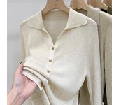 Camisa fina con cuello de polo para mujer, suéter ajustado de manga larga para primavera y otoño, cárdigan con botones y parte superior de punto One Size albaricoque