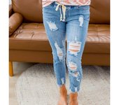 Pantalones vaqueros de cintura alta con rotos y cordón elástico para mujer, ropa de calle, pantalones casuales con agujeros, pantalones pitillo, 92 S
