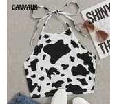 Camisola deportiva de verano para mujer con cuello en V y estampado de vaca, cruzada en el pecho, con cordones y espalda descubierta S blanco