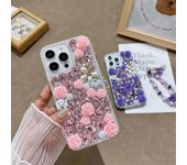 Funda de lujo para teléfono con pulsera de flores y diamantes, a la moda, para iPhone 15, 14, 13, 12, 11 Pro Max, X, XS, XR, XS Max, a prueba de golpes iPhone X color rosa