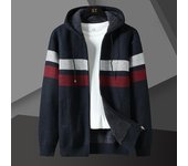 Suéter de invierno a rayas para hombre, abrigo de lana gruesa con capucha y cremallera, suéteres de punto de manga larga para hombre L azul