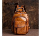 Johnature Mini mochila Retro para hombre, bolso multifuncional de cuero genuino, primera capa de cuero de vaca, bolsos de pecho hechos a mano para hombre negro