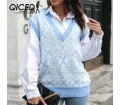 QICED Moda Mujer Casual Navidad Estampado Otoño Invierno Sin Mangas Chalecos De Punto Con Cuello En V S caqui
