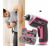 Juego de destornilladores eléctricos para uso doméstico: 35 piezas, recargable por USB, batería de litio de 4 V 74-piece set color rosa