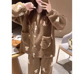 Conjunto de 2 pijamas de invierno para mujer, de forro polar coral grueso y cálido, para estudiantes, ropa de casa con cuello en V y oso, ropa de abrigo de invierno para niñas. M