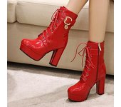 Botas de plataforma cortas rojas de moda de invierno para mujer, botines de tacón alto sexis hasta el tobillo para mujer, zapatos de fiesta fetichistas de cuero blanco con cordones, talla grande 34 beige