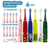 Cepillo de dientes eléctrico sónico para niños con dibujos animados para niños con 12 cabezales de repuesto, cepillo de limpieza automático de pelo suave e impermeable