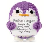 Muñeco de pingüino de energía positiva hecho a mano con tarjeta, adorno de ganchillo para decoración del hogar, decoración de habitación, regalos para fiestas de Navidad. amarillo