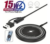 15W fast charging magnetic wireless charger suitable for iPhone 16 15 14 13 12 Pro Max Airpods dual input USB-C/A blanco
