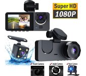 DVR para automóvil HD 1080P con 3 lentes para tablero de instrumentos, cámara de tres vías, grabadora de video, videocámara para tablero de instrumentos, pantalla IPS de 2.0 pulgadas y cámara trasera Front & interior negro
