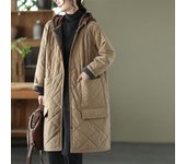 Abrigo con capucha rombal de talla grande vintage de otoño para mujer, chaqueta de algodón nueva de invierno, chaqueta holgada informal de longitud media con contraste de color, chaquetas de algodón acolchadas 3XL