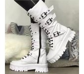 Botas de moto de combate para mujer, zapatos con hebillas de plataforma góticas, cadenas, remaches Punk, botas de combate para motocicleta, color blanco y negro, otoño e invierno, 2022 35 negro