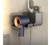 Soporte multifunción para secador de pelo para baño, soporte para secador de pelo sin perforaciones con percha para una fácil colocación.
