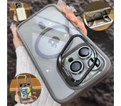 Magsafe-funda de teléfono con soporte de protección de lente magnética para IPhone 15, 12, 13, 14, 11 Pro Max, cubierta de anillo de Metal transparente de cristal para cámara For iphone11 negro
