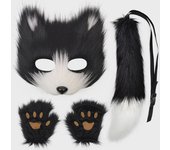 Máscara de zorro hecha a mano y conjunto de cola de animal de peluche: Guantes de disfraz de gato para fiesta de Halloween